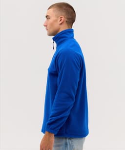 A blue Everest Polar Fleece 1/4 zip soft shell jacket displayed on a model from the side.