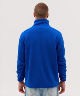 A blue 1/4 zip polar fleece jacket viewed from the back, featuring long sleeves and a soft material.