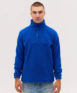 A blue Everest Polar Fleece 1/4 zip jacket displayed on a model, featuring a high collar and long sleeves.