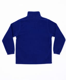 A blue polar fleece 1/4 zip jacket with long sleeves and a high collar. Features a logo on the back.