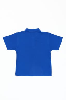 A blue youth polo shirt with short sleeves and a collar, featuring a logo on the front.