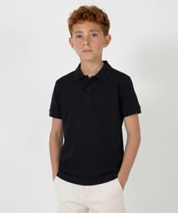 A black youth polo shirt with a classic collar and short sleeves, featuring a small logo on the chest.