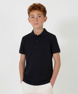 A youth black polo shirt with a collar and short sleeves, featuring a logo on the chest.