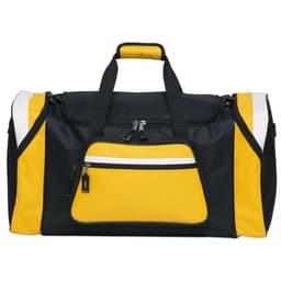 A black and yellow duffle bag with a front pocket and a logo. Handles are black with yellow accents.