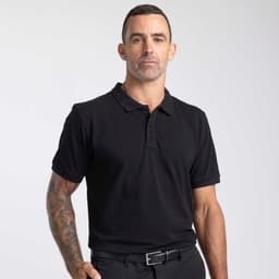 A black men's polo shirt with a collar, featuring a logo on the chest and a fitted design.