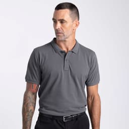 A grey polo shirt for men with a button-up collar and rolled sleeves, featuring a logo on the chest.