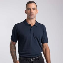 A navy blue men's polo shirt with a collar and short sleeves, featuring a logo on the chest.
