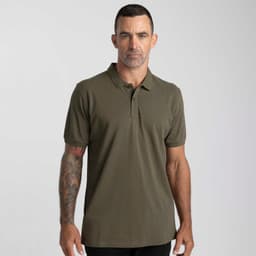 A men's polo shirt in olive green with a collar, short sleeves, and a fitted design. It features a logo.