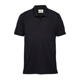 A navy polo shirt featuring a collar and short sleeves, with a logo on the chest.