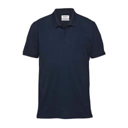 A dark navy men's polo shirt with a collar and short sleeves, featuring a logo on the chest.