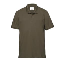 A men's polo shirt in olive green with a collar and short sleeves. It has a logo on the chest.