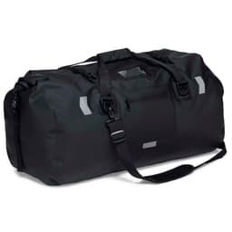 A black duffle bag with grey reflective accents and an adjustable shoulder strap. It features a zipped pocket on the side.