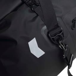 A black duffle bag with a textured surface and adjustable straps, featuring a small logo.