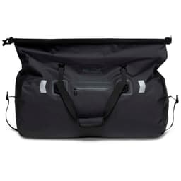 A large black duffle bag with a zippered compartment and carrying straps, featuring a branding logo.