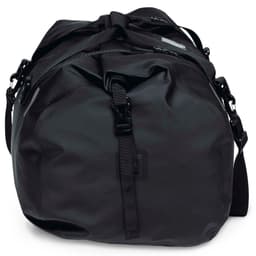 A black waterproof duffle bag featuring a roll-top design and adjustable shoulder strap, with a logo visible.