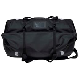 A black duffle bag with reflective accents and adjustable straps. It includes a logo and a sturdy design.