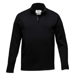 A black Merino wool pullover shirt with a zippered collar. It features a brand logo on the label.
