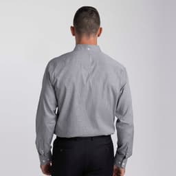 A men's button-up shirt in grey, featuring a collar and long sleeves. The back shows a button detail.