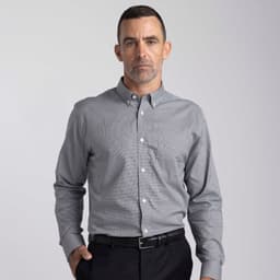 A men's button-up shirt in grey with a subtle check pattern, featuring a collar and fitted design.