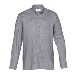 A men's button-up shirt in a grey check pattern with long sleeves and a collar. Features a logo on the chest.