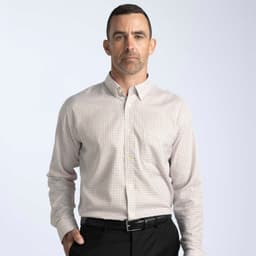 A men's button-up shirt in a check pattern, featuring shades of beige and brown, with a collar and long sleeves.