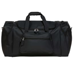 A black duffle bag featuring a front pocket and dual handles, with a zipper closure and a sleek design.