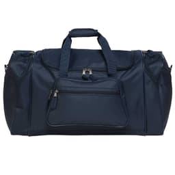 A navy blue duffle bag with a large main compartment, side pockets, and a front zippered pocket. It has a logo.