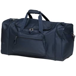 A plain navy blue duffle bag with two handles and a front zipper pocket, featuring a logo.