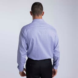 A men's button-up shirt in a blue and white check pattern, featuring a classic collar and long sleeves.