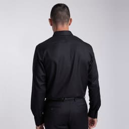 A black button-up shirt for men, featuring a tailored fit and a logo on the back.