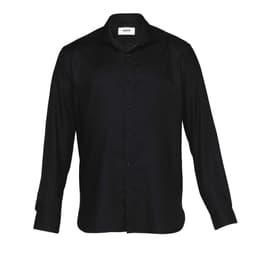 A black button-up shirt with long sleeves, featuring a collar and a branded tag.