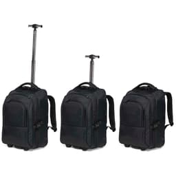 A black trolley backpack with adjustable straps and a retractable handle, displayed in three different positions.