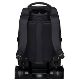 A black trolley backpack featuring padded shoulder straps and a wheeled base for easy transport.