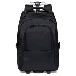 A black trolley backpack with a retractable handle and front zipped pocket, featuring wheels for easy transport.