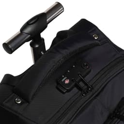 A black trolley backpack featuring a retractable handle and a zippered pocket with a logo.