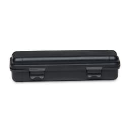 A black rectangular case with two clips, designed for storage and protection of items.