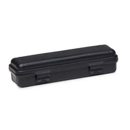 A black protective case with two clips, designed for storing and transporting items securely.