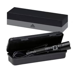 A black torch is inside a hard case, displayed with a sleek black box in the background. The torch has a clip and button.