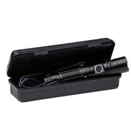 A black torch in a black case, featuring a power button and a clip for easy carrying.