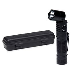 A black torch with a pivoting head next to a black carrying case, featuring a branding logo.