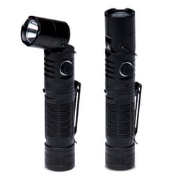 A black torch with a rotating head, featuring a grip texture and a clip for easy attachment.