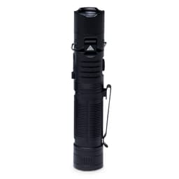 A black torch with a clip and textured grip, designed for versatility and portability.