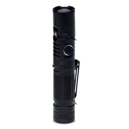 A black torch with a textured body, featuring a clip, button, and head for adjustable focus.