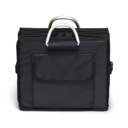 A black boot organiser with a sturdy handle and a front pocket, featuring several compartments for storage.