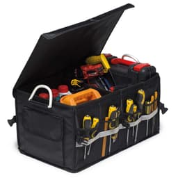 A black boot organiser featuring various tools, drink bottles, and storage compartments. It has multiple external pockets.