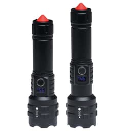 Two black torches of varying sizes with a red pointed end and a digital display on the body. One torch has a logo.