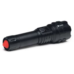 A black torch with a red end and a branding logo, featuring a textured grip and a power button.