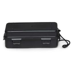 A black waterproof case with secure clasps and a carry strap. It has a compact rectangular design.
