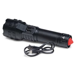 A black torch with a red tip, accompanied by a USB charging cable and featuring a logo.