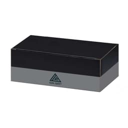 A sleek black and grey box featuring a logo on the front, designed for product packaging.